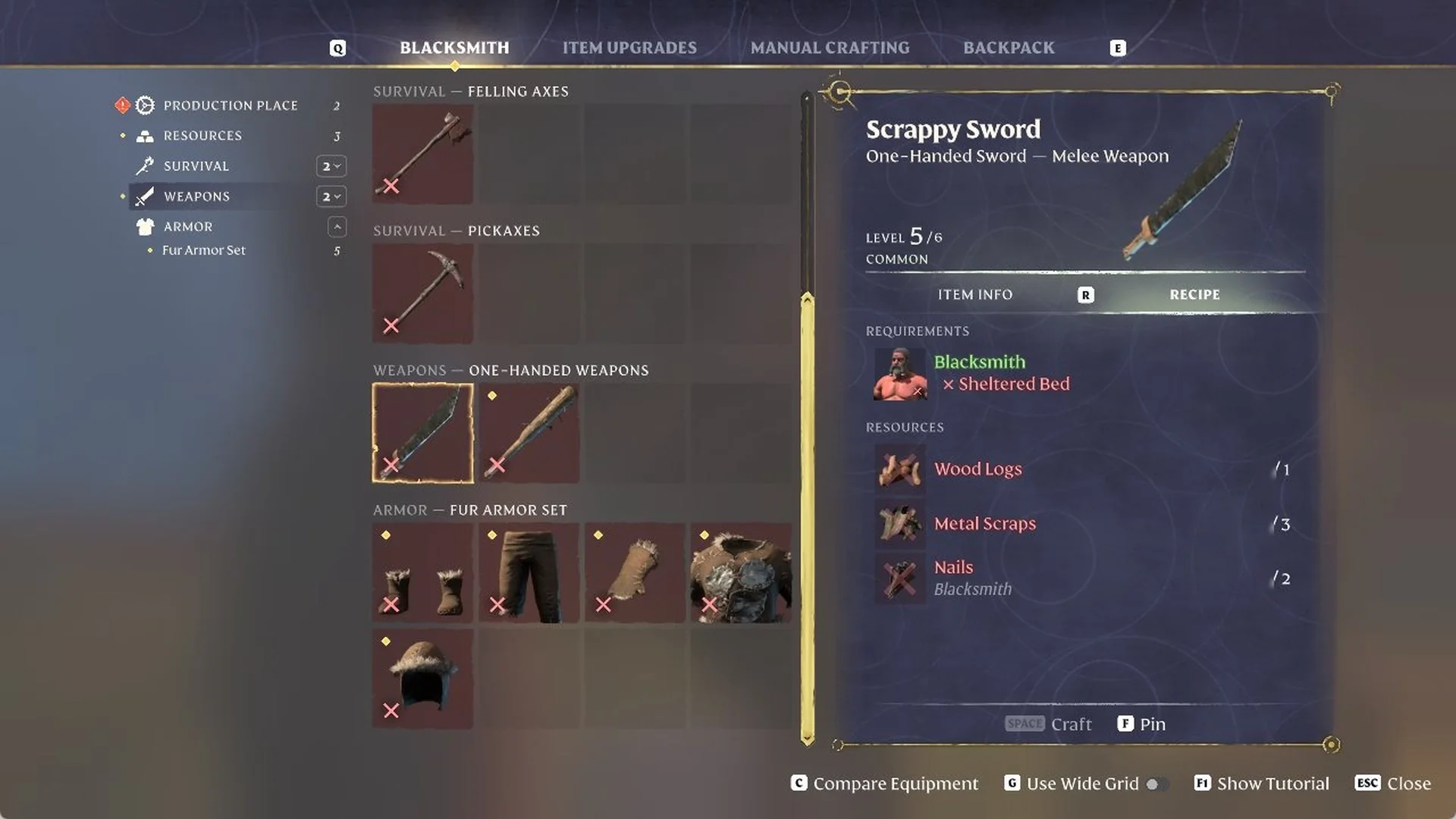 Enshrouded Scrappy Sword recipe card at the Blacksmith requiring 'Blacksmith' and 'Sheltered Bed'