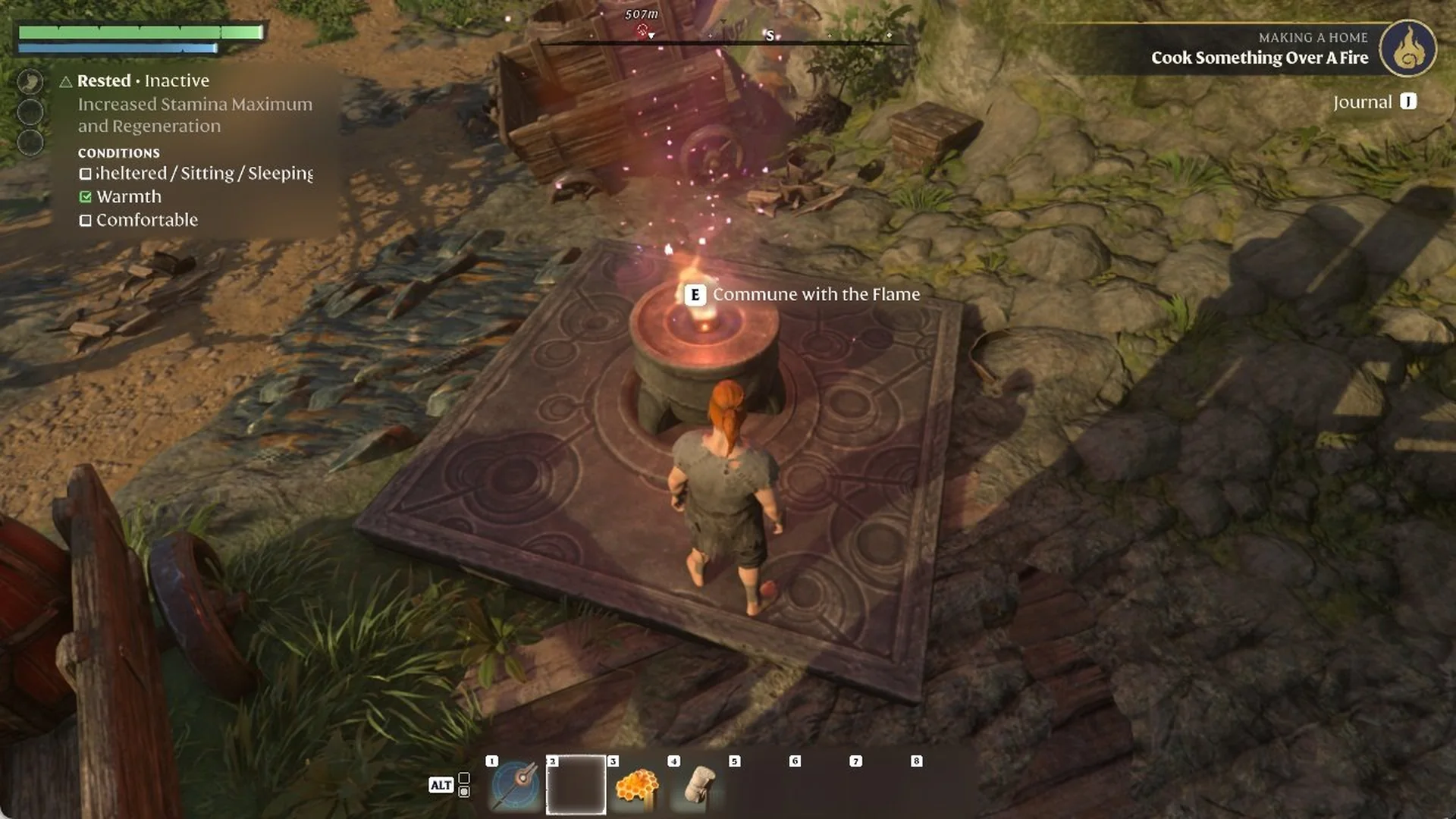 Newly placed second Flame Altar lit at a mine camp with the E Commune with the Flame prompt