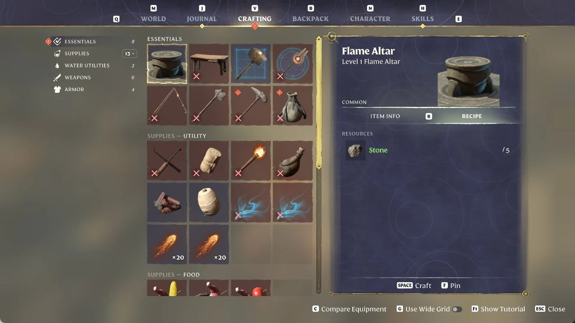 Flame Altar selected under Essentials in the Crafting menu with its Stone recipe and the Space Craft prompt