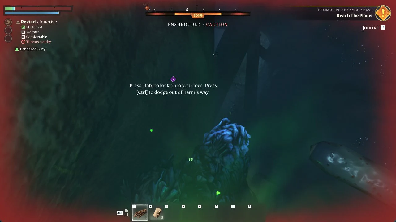 ENSHROUDED CAUTION label with the timer at 1:49 and a combat prompt on screen