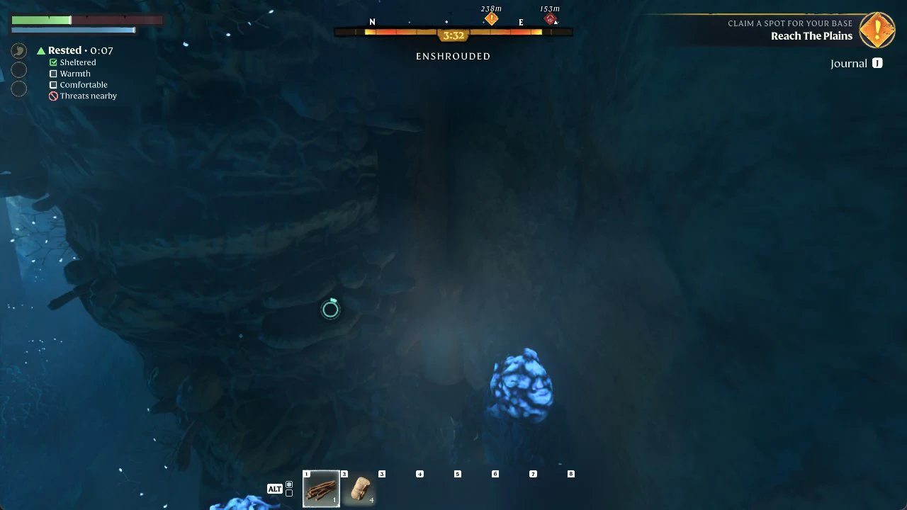 Aiming at a glowing blue resource deposit on a cave wall as the Shroud timer counts down