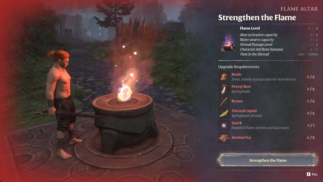 Strengthen the Flame screen at a Flame Altar listing upgrade materials and the activate button