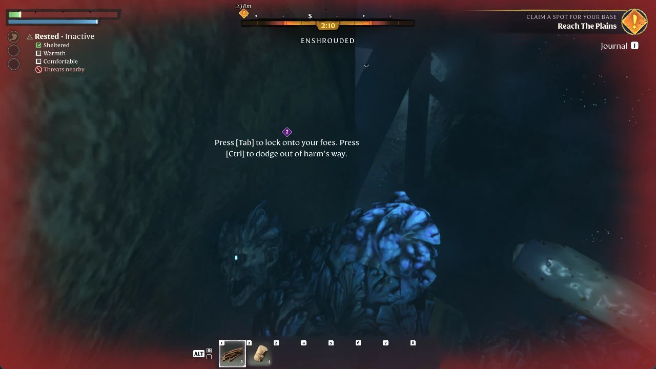 Combat tip showing Tab to lock onto foes and Ctrl to dodge while facing a Fell enemy