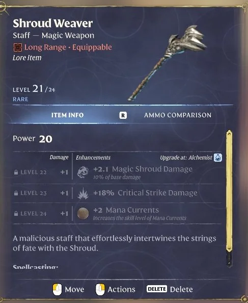 Enshrouded Shroud Weaver staff item card at level 21 of 24 with locked enhancement perks