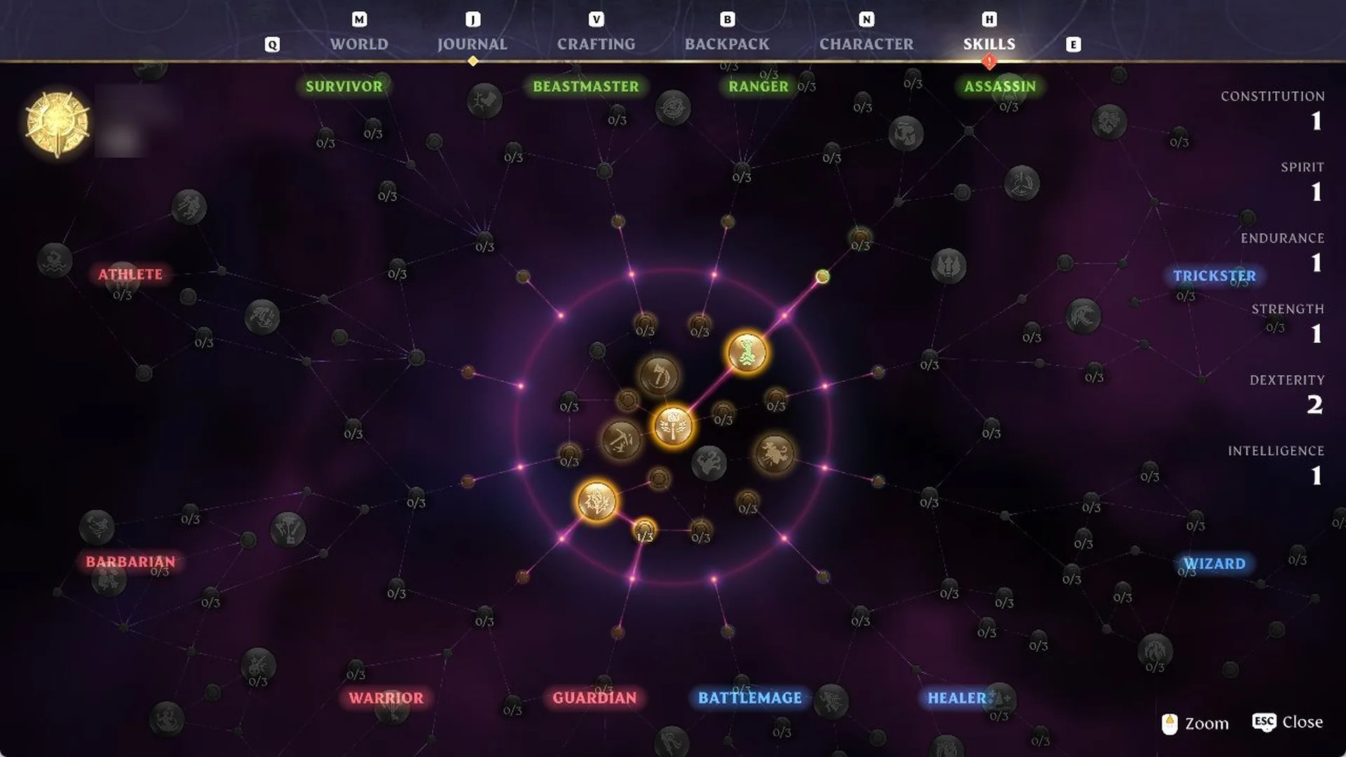 Enshrouded skill tree with the Spark ring at the centre and class labels around it