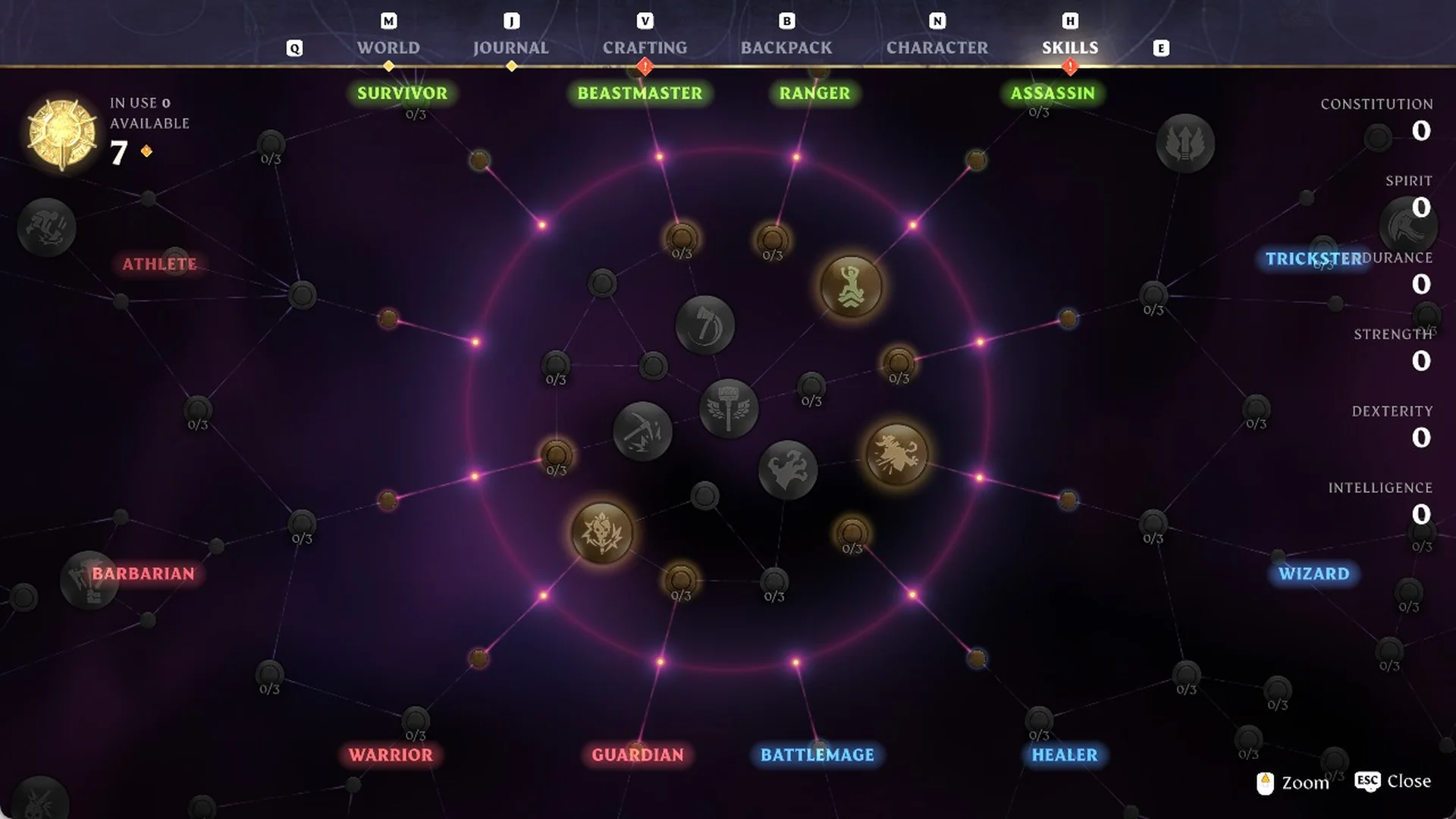 Enshrouded Skills screen opened with H, showing the center ring of neutral skills with the class names around the edge