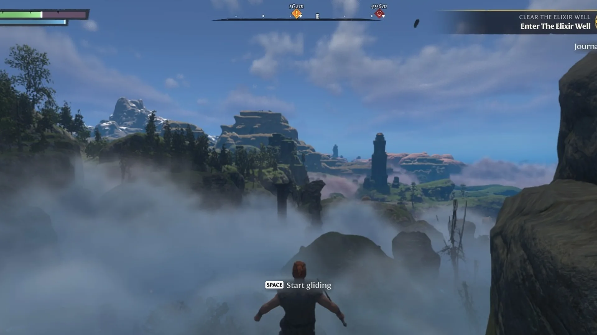 Enshrouded character falling past a cliff edge over the Shroud with the SPACE Start gliding prompt on screen