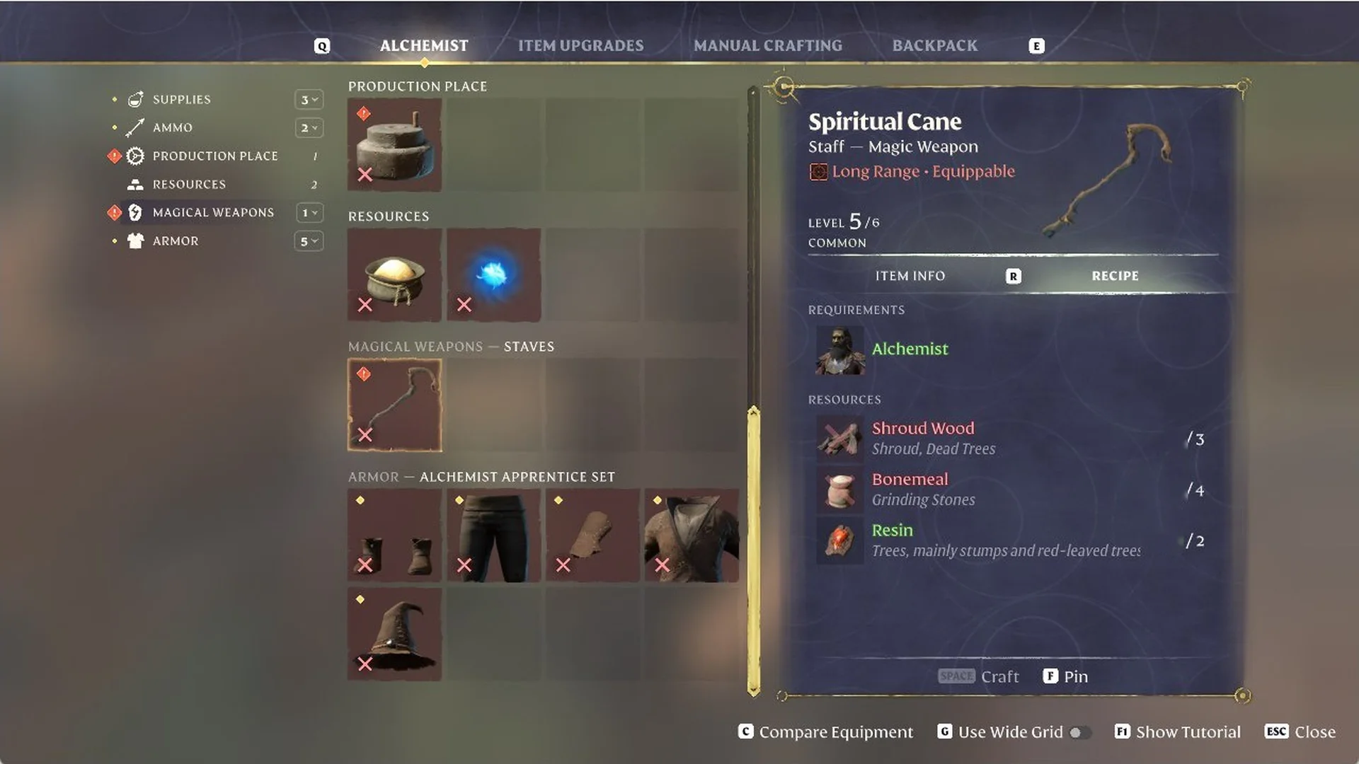 Spiritual Cane staff recipe card at the Alchemist in Enshrouded