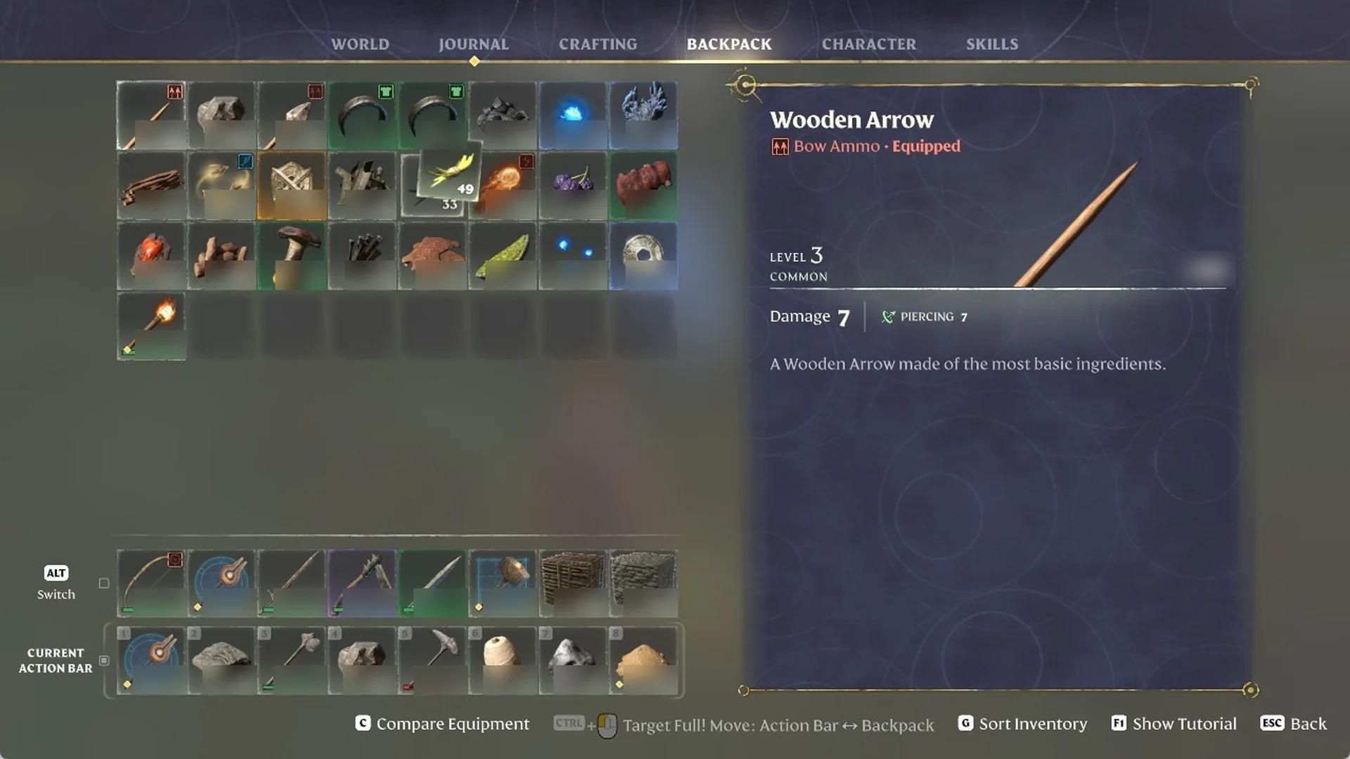 Enshrouded backpack with a smaller Plant Fiber stack on the cursor and more in the slot