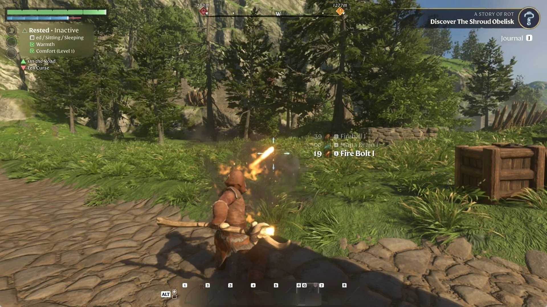 Enshrouded character casting 'Fire Bolt I' from a Staff, a fire bolt leaving the staff head