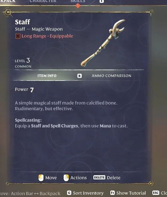 Enshrouded Staff item card showing 'Staff - Magic Weapon', 'Long Range - Equippable' and Power 7
