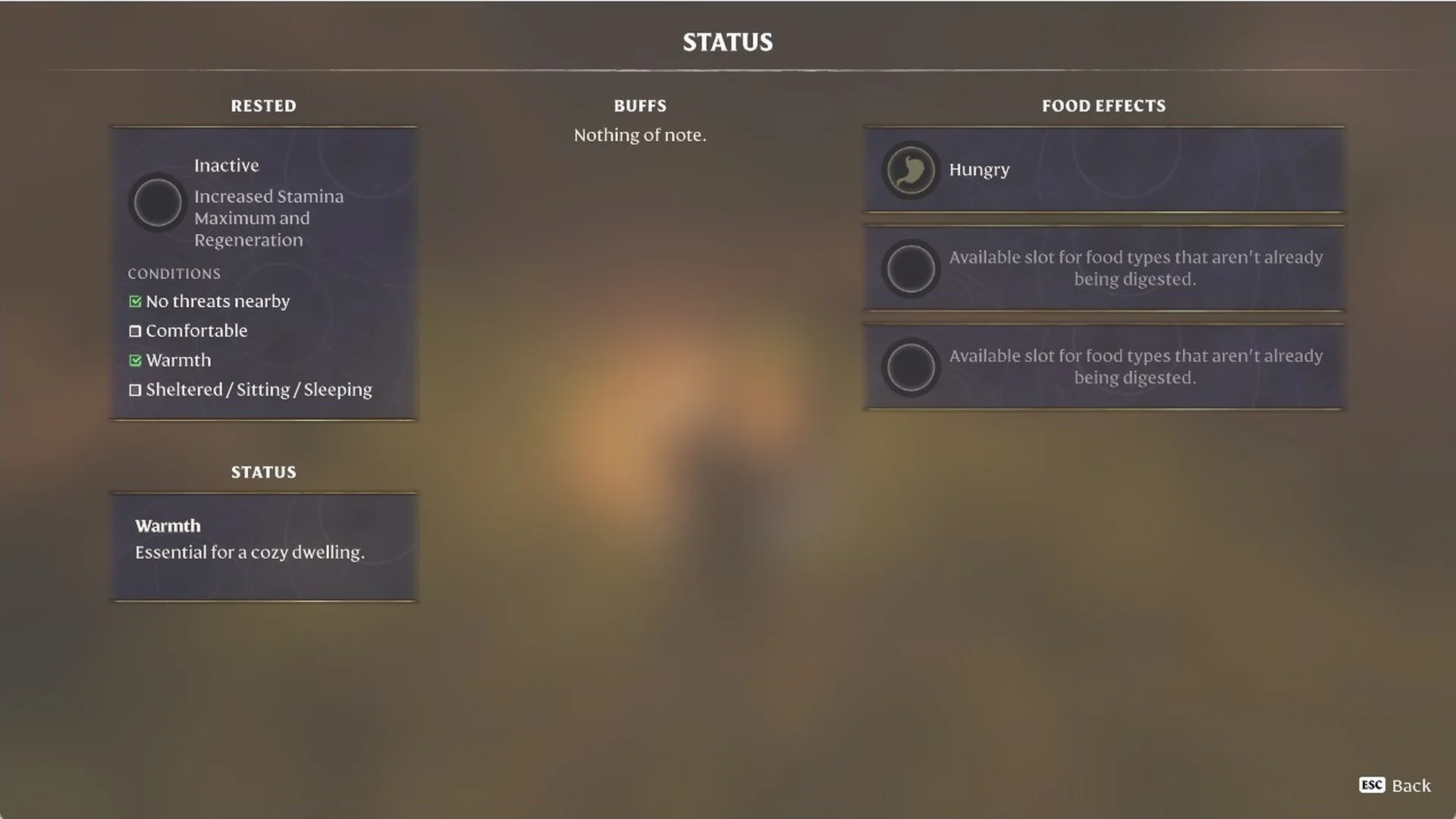Enshrouded Status screen showing 'Warmth' with no debuffs and Warmth ticked under Rested conditions