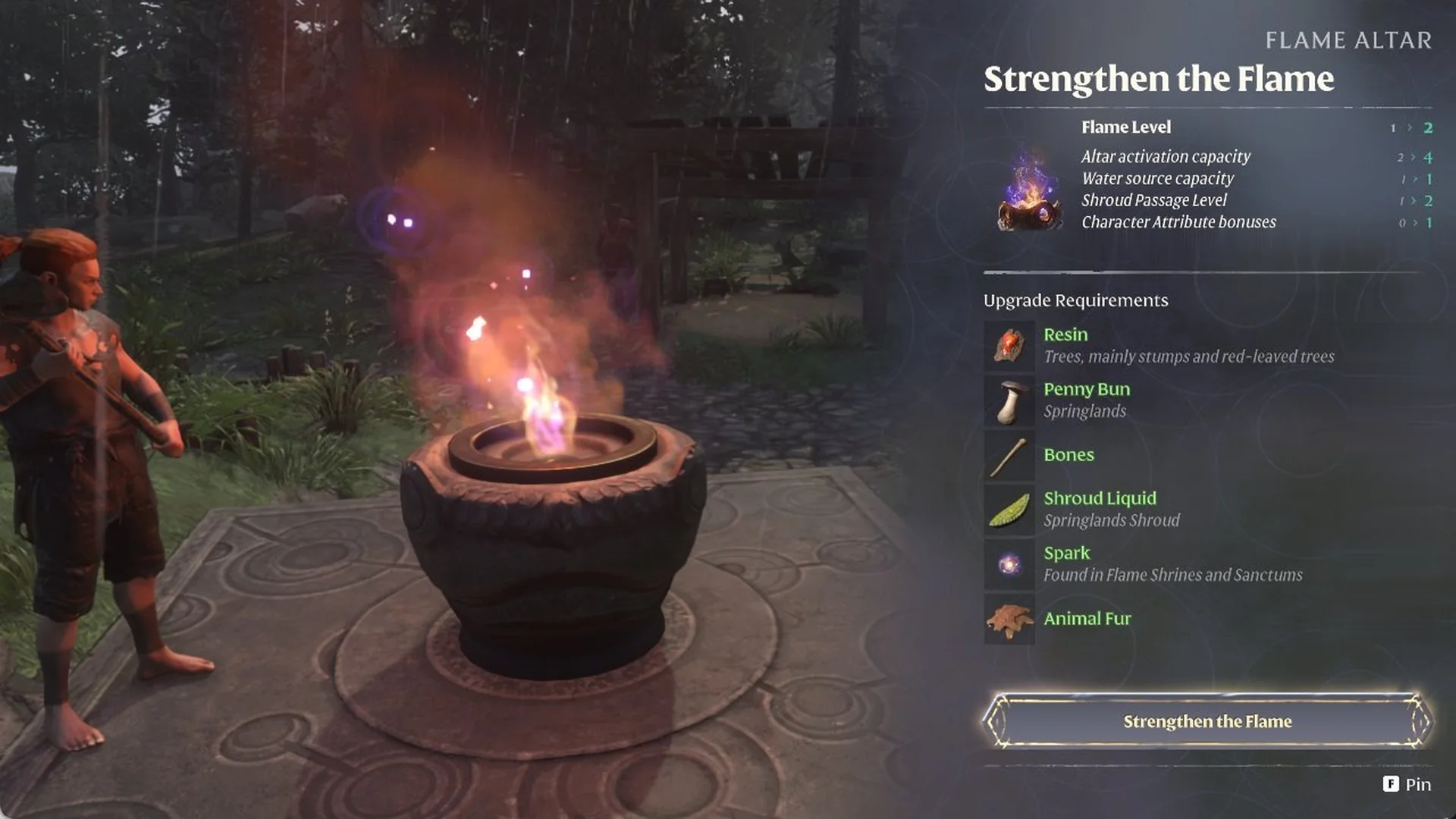 Strengthen the Flame screen in Enshrouded for Flame Level 1 to 2, listing Resin, Penny Bun, Bones, Shroud Liquid, Spark and Animal Fur