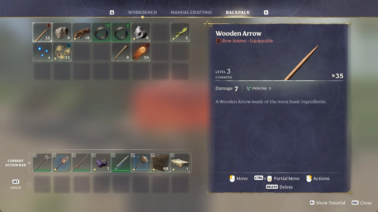 Backpack inventory grid with Wooden Arrow selected, showing level 3 common bow ammo and the action bar below.
