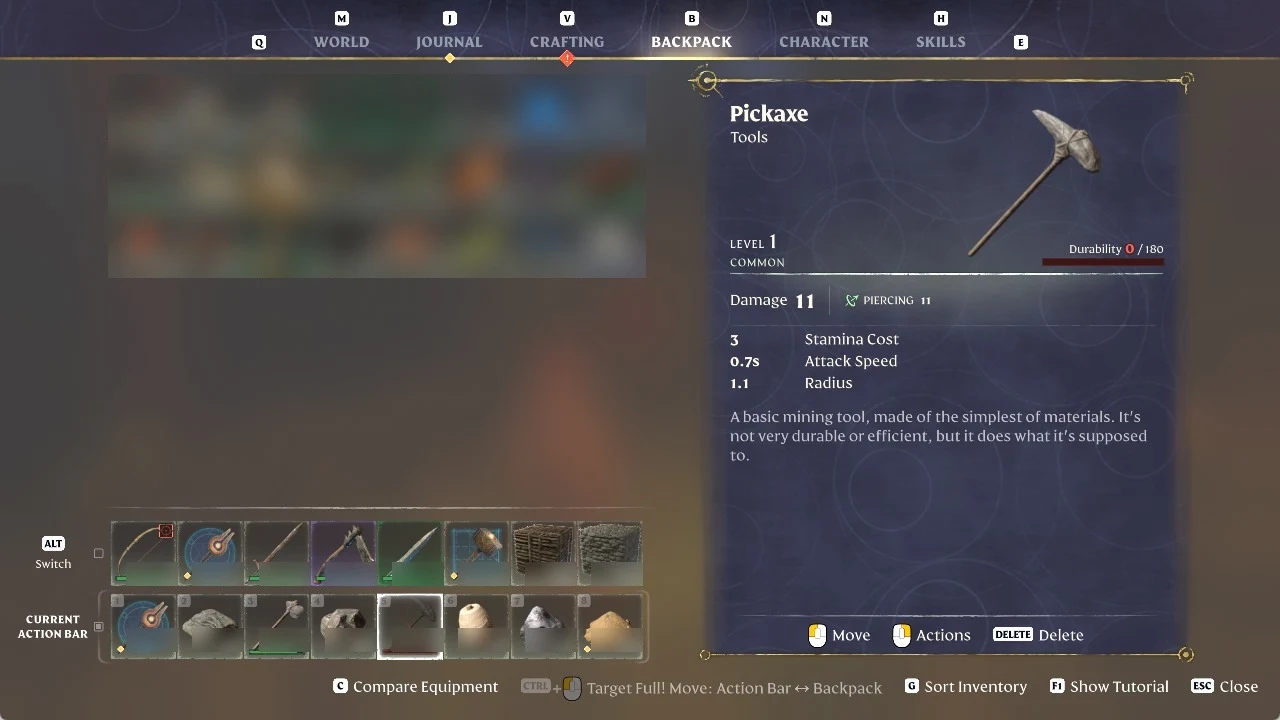 Enshrouded Backpack menu with Pickaxe item details, durability at zero, and two rows of action bar slots below.
