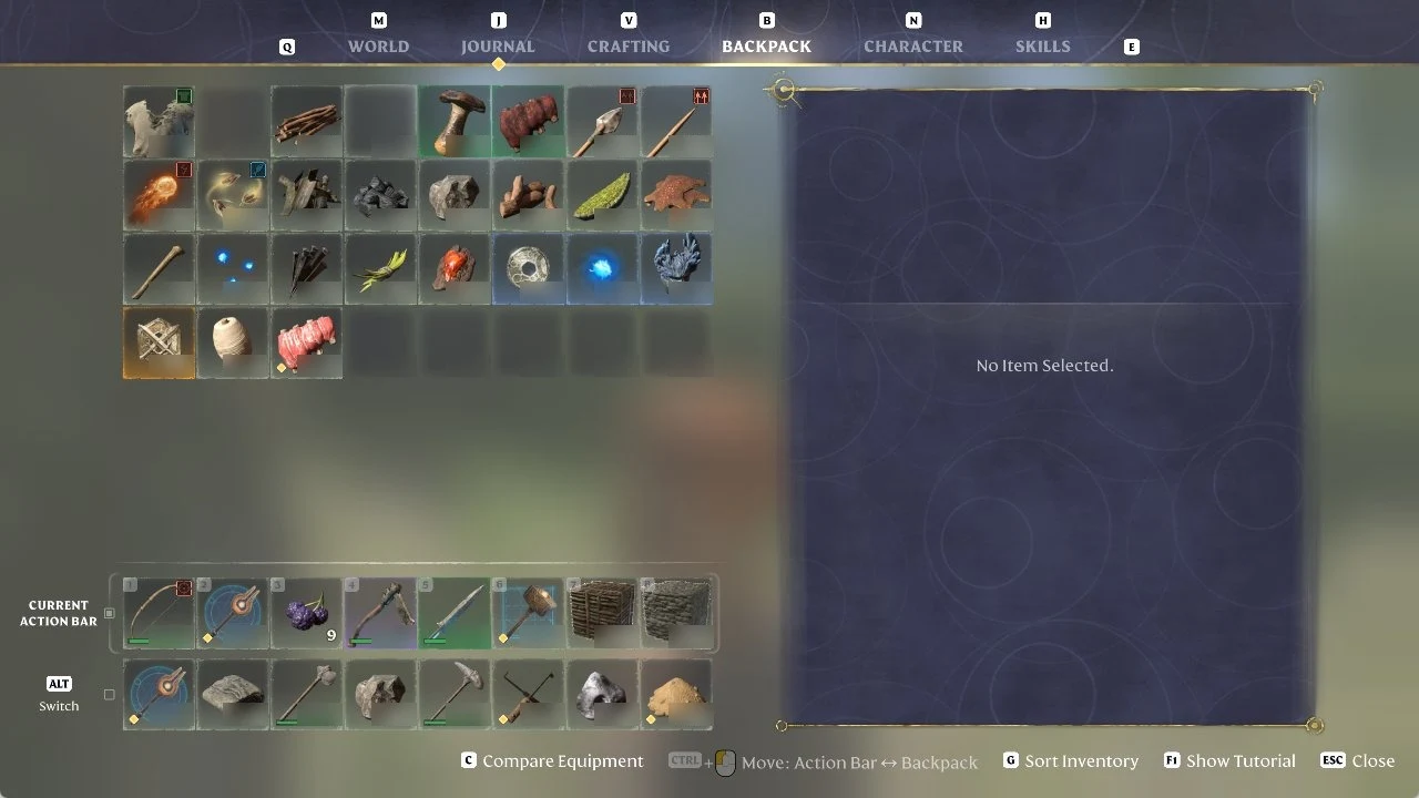 Enshrouded BACKPACK tab showing Berries (9) moved into slot 3 of the CURRENT ACTION BAR after CTRL + click.