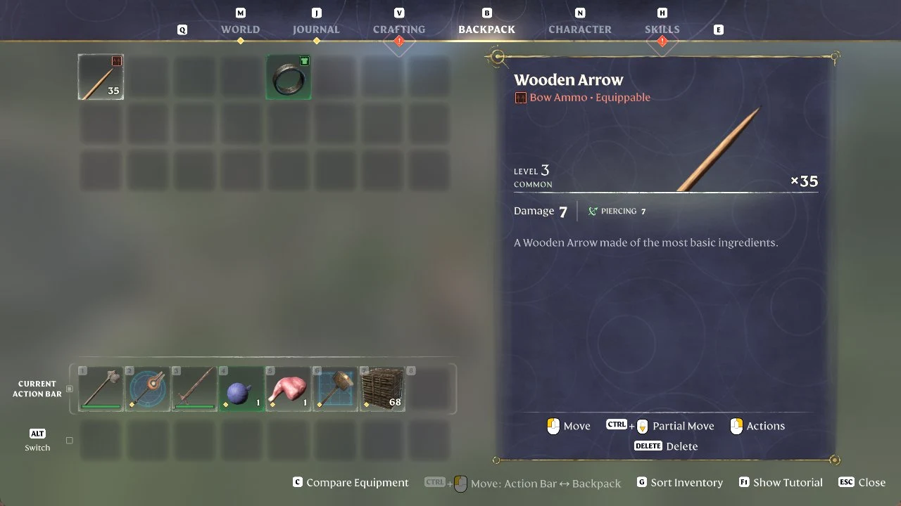 Backpack inventory screen with a Wooden Arrow stack selected and its stats panel on the right, action bar items below.