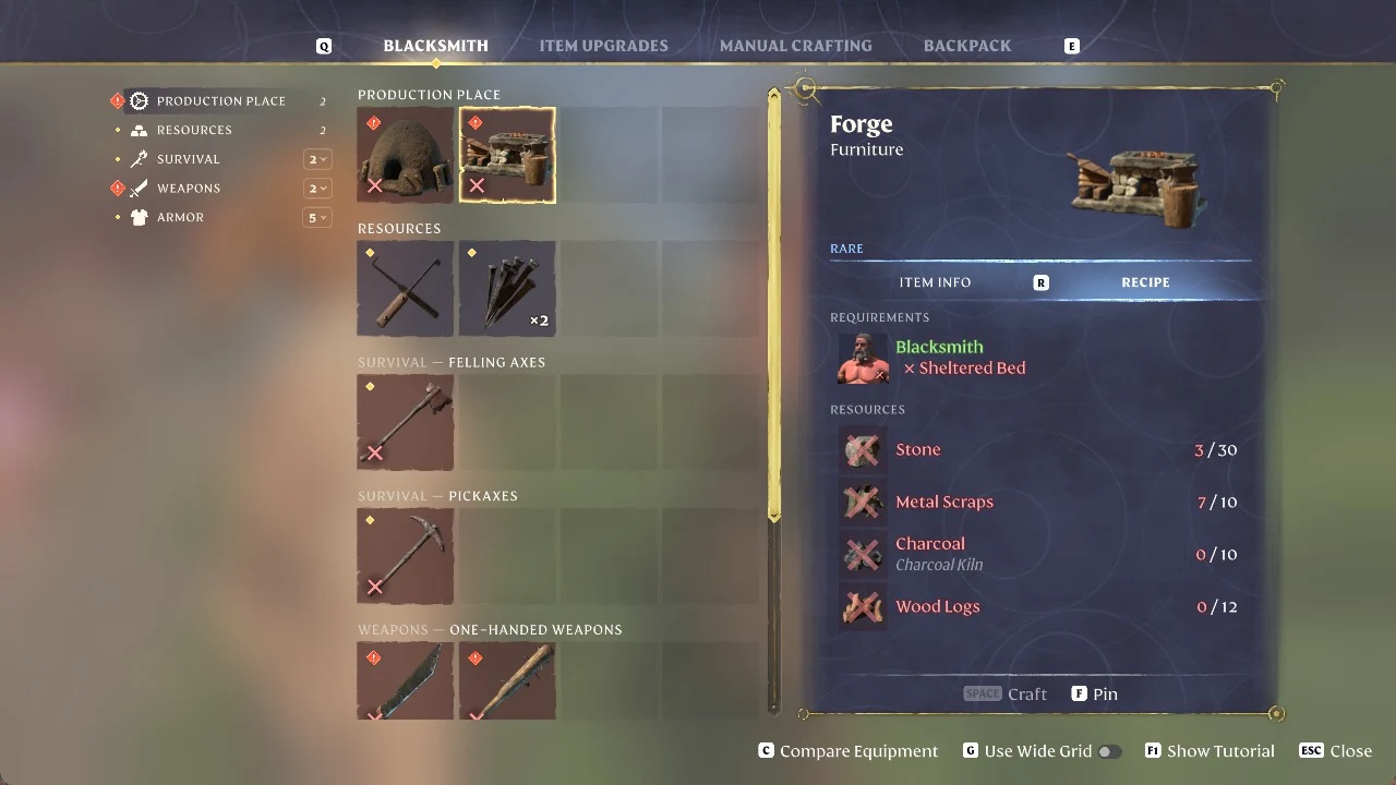 Enshrouded Blacksmith menu with the Forge furniture recipe selected, listing missing resources and a Sheltered Bed requirement.