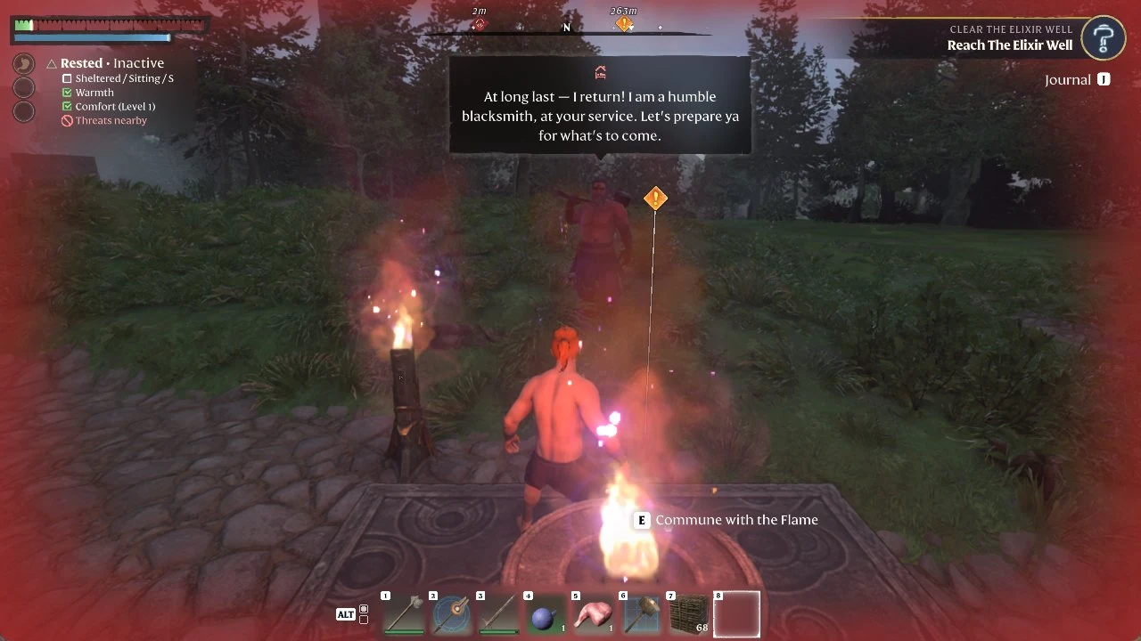 Character arriving at the Flame Altar on low health with a red screen edge and Threats nearby in the HUD