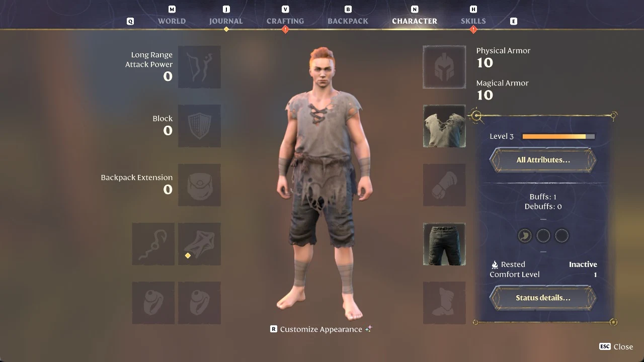 Enshrouded Character screen with a red-haired character in ragged clothes, equipment slots, armor values and level panel.