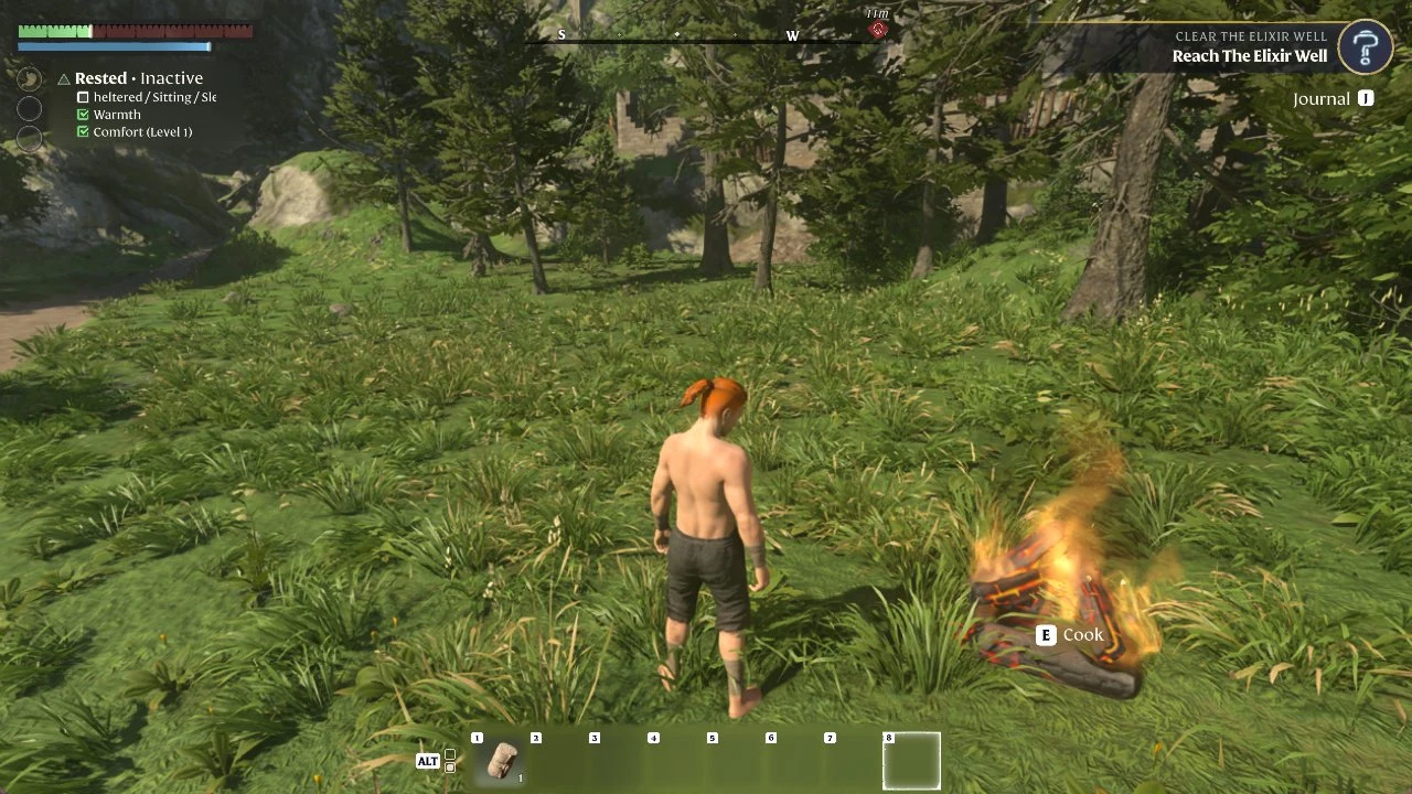 Enshrouded ALT bar open at the bottom of the screen with a Bandage in slot 1, next to a campfire