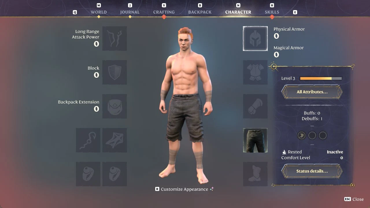 Enshrouded Character screen with a shirtless red-haired character in shorts, empty equipment slots, level 3 bar and status panel.