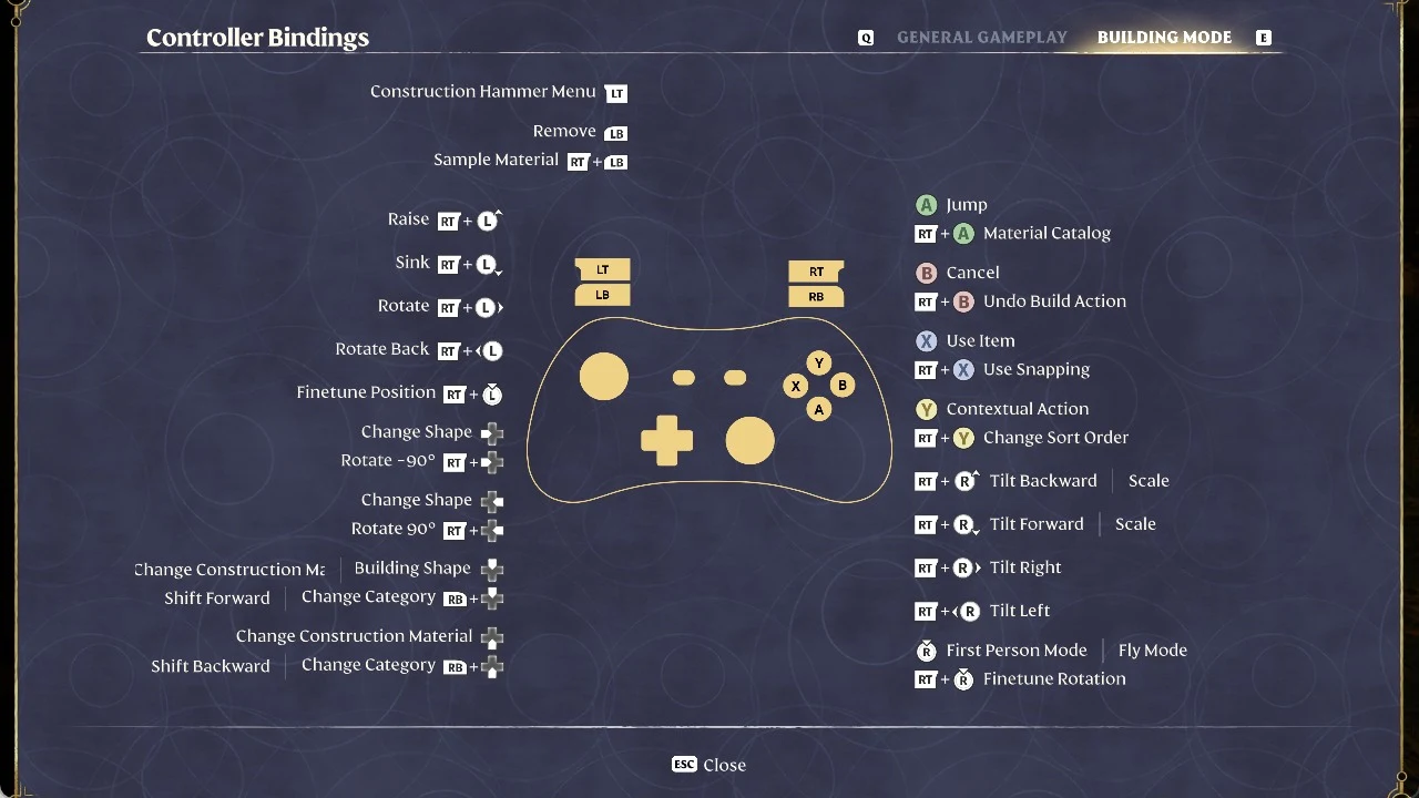Controller Bindings screen on the Building Mode tab showing a gamepad diagram with labelled building controls on both sides.