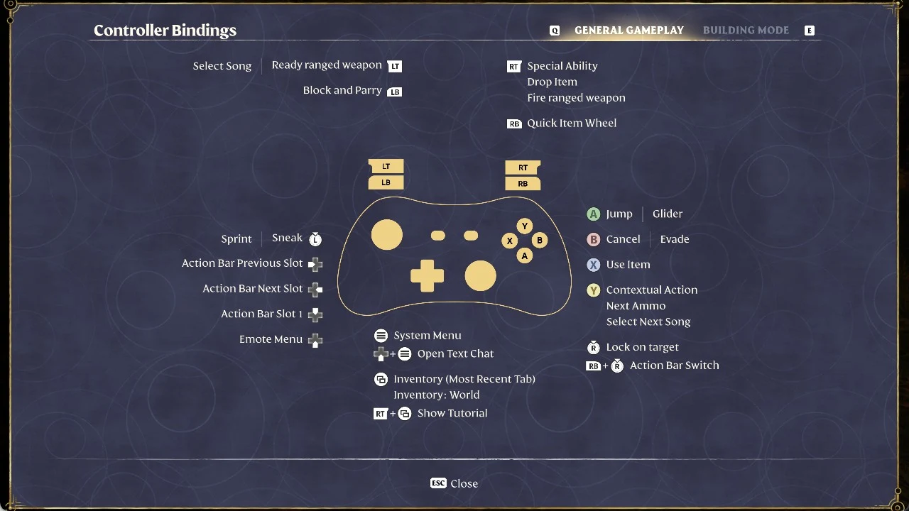 Controller Bindings screen on the General Gameplay tab with a gamepad diagram and labelled button actions around it.