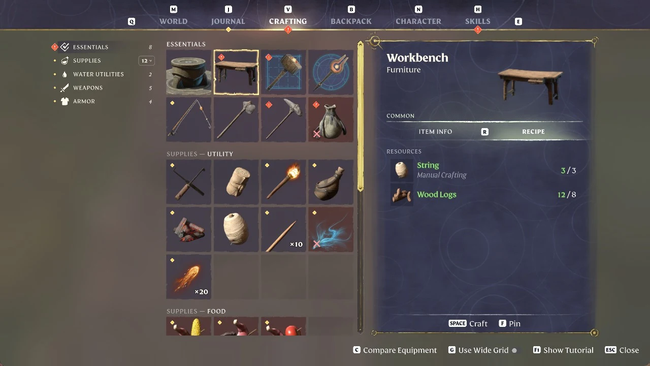 Crafting menu with the Workbench recipe selected, listing String 3/3 and Wood Logs 12/8 as required resources.