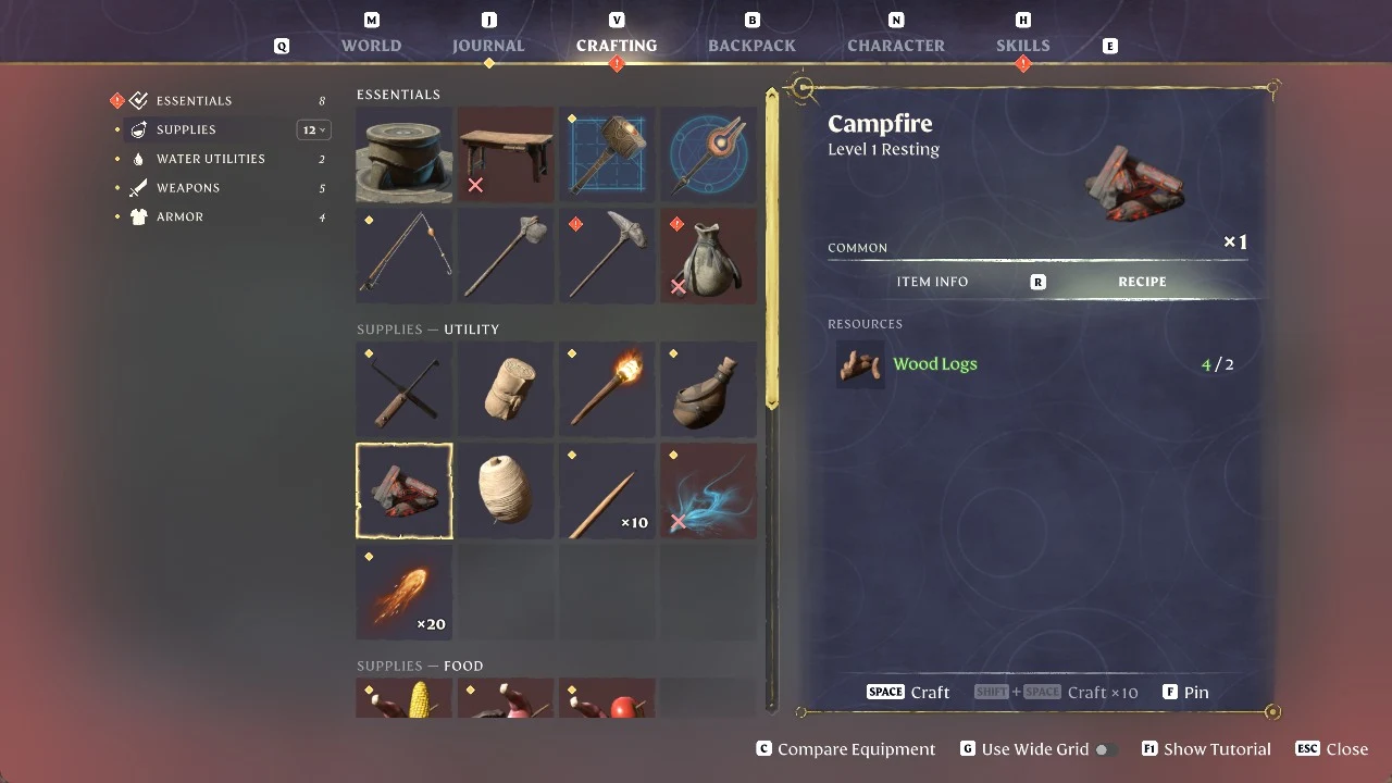 Enshrouded crafting menu with the Campfire selected, showing a recipe needing Wood Logs, with Supplies categories listed on the left.
