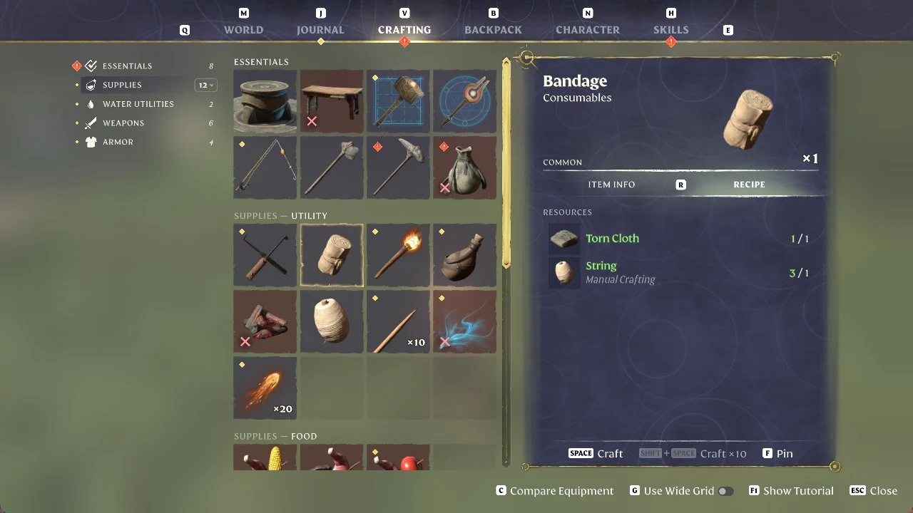 Enshrouded crafting menu with the Bandage recipe panel listing Torn Cloth and String