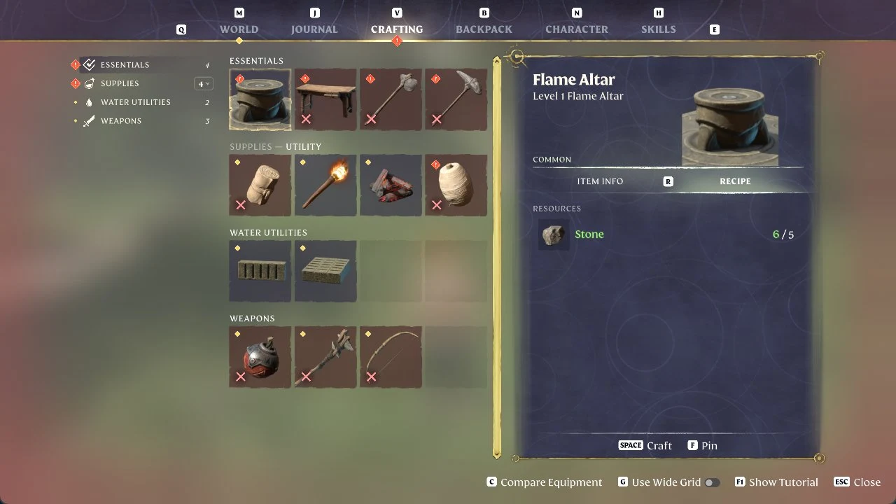 Crafting menu with Flame Altar selected, showing a recipe that needs 5 Stone, of which 6 are held.