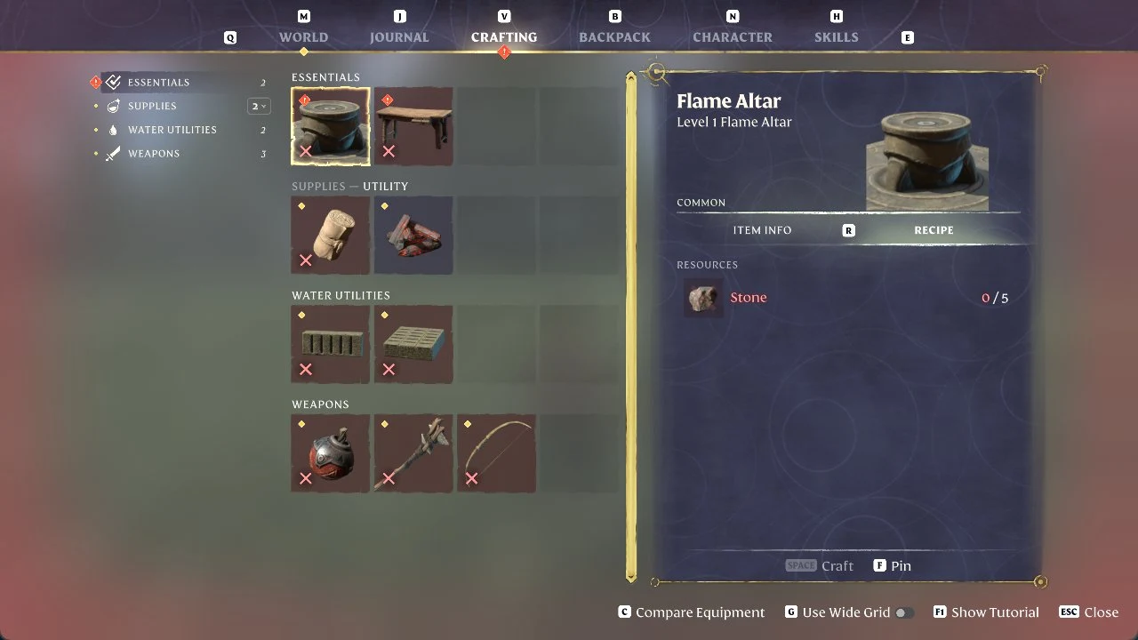 Crafting menu with the Flame Altar selected, showing a recipe that needs 5 Stone, with categories for essentials, supplies, water utilities and weapons.
