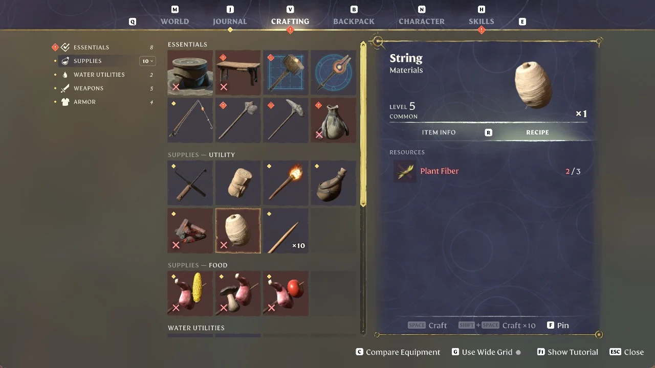 Crafting menu with the String recipe selected, listing a Plant Fiber requirement of 2 out of 3.