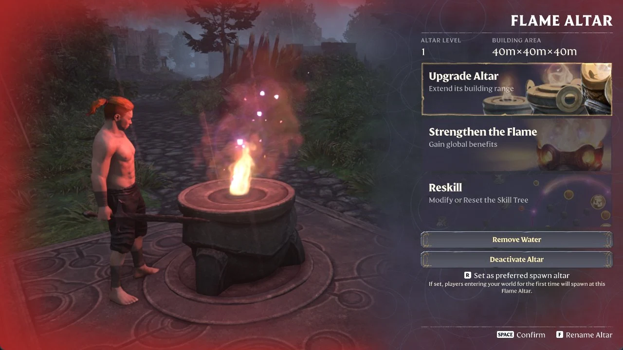 A warrior stands by a lit flame altar while a side menu lists Upgrade Altar, Strengthen the Flame, Reskill, Remove Water and Deactivate Altar.
