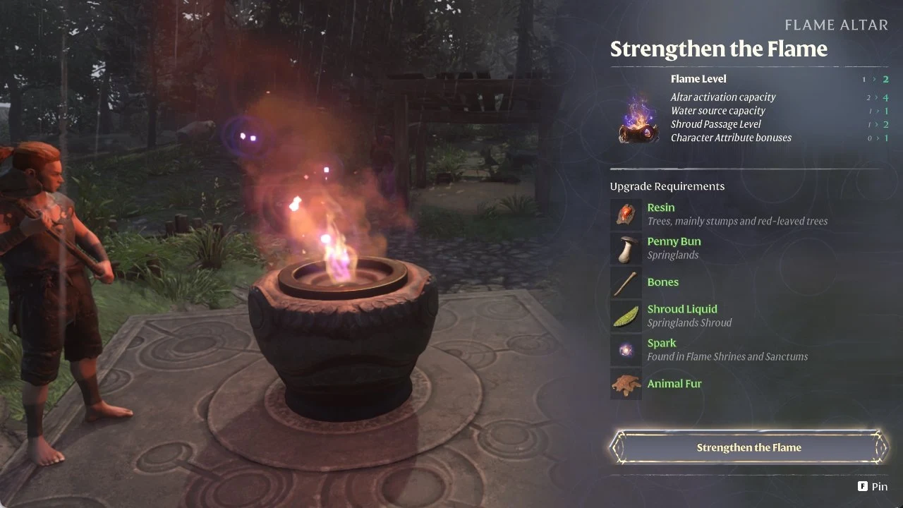 Flame Altar upgrade panel beside a burning altar, listing Flame Level benefits and six required materials with a Strengthen the Flame button.