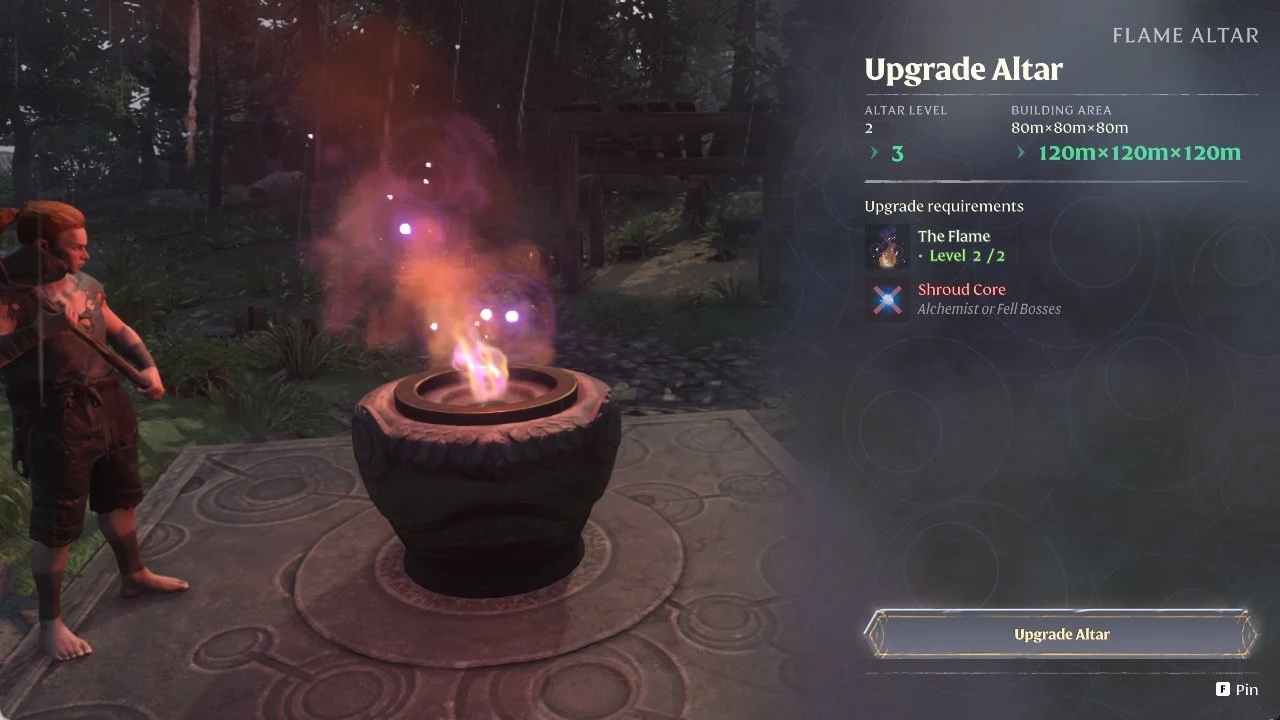 Flame Altar upgrade panel beside a burning altar showing altar level, building area and requirements for The Flame and Shroud Core.