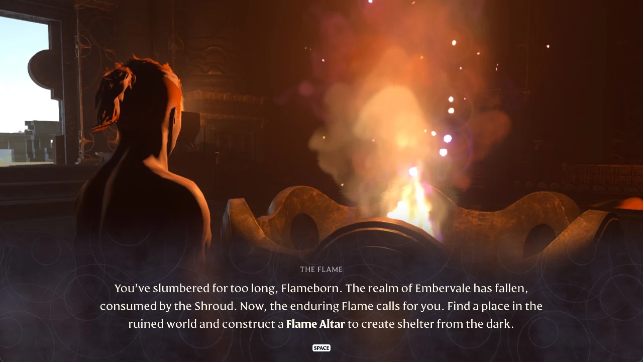 Red-haired character faces a burning brazier while a story caption from The Flame appears at the bottom of the screen.