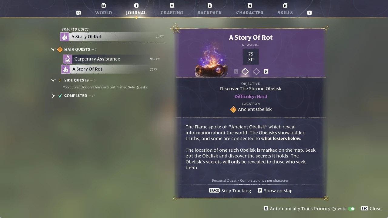 Enshrouded Journal quest list with A Story Of Rot under Tracked Quest and a Stop Tracking prompt