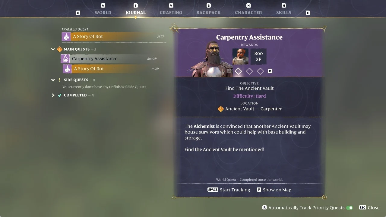 Enshrouded Journal quest list with Carpentry Assistance selected under MAIN QUESTS and 'SPACE Start Tracking' footer