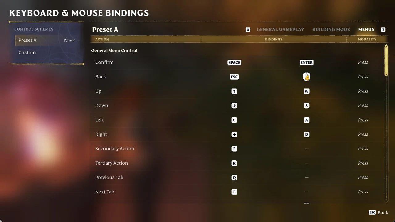 Keyboard and mouse bindings menu with Preset A selected on the Menus tab, listing General Menu Control actions and keys.