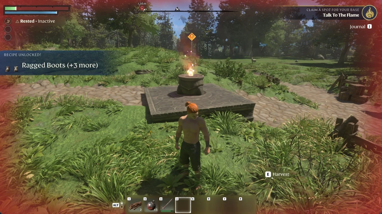 A shirtless red-haired character stands before a lit stone Flame Altar on a cobblestone path, with a recipe unlocked notification at left.