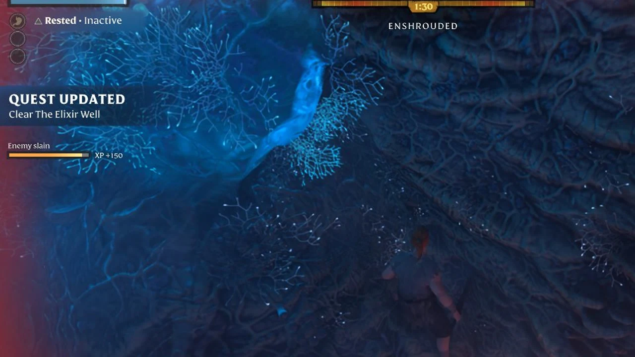 Player stands among glowing blue roots in a dark cavern with a Quest Updated banner and an Enshrouded countdown at the top.