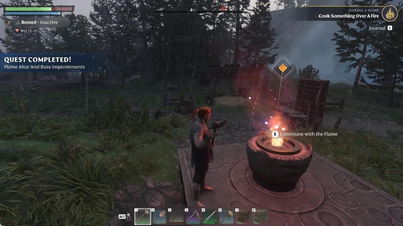 Player next to a glowing Flame Altar in a dim rainy forest with a Quest Completed notice at the left.