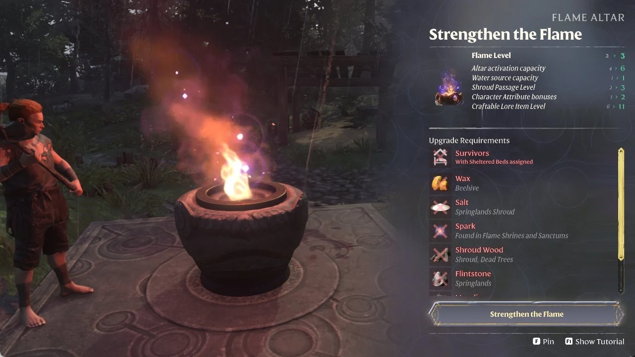 Flame Altar menu titled Strengthen the Flame listing level bonuses and required materials beside a burning altar.
