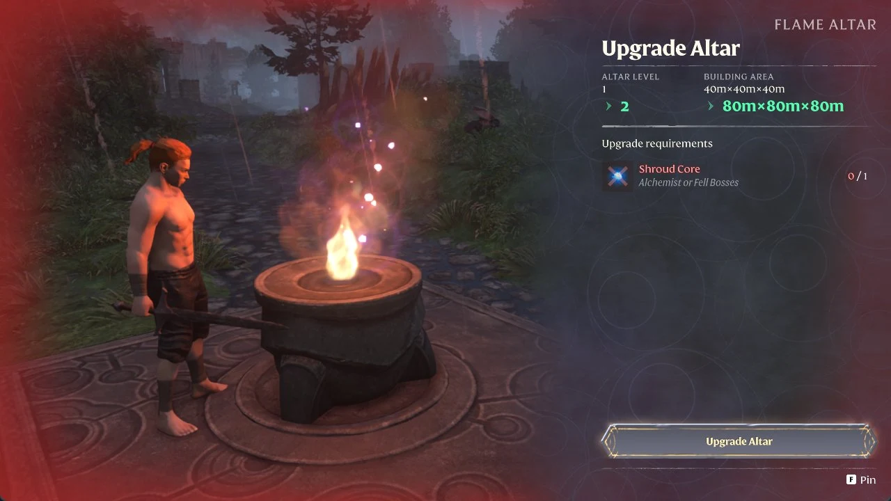 A warrior beside a flame altar with an Upgrade Altar panel showing level 2, 80m building area and a Shroud Core requirement.