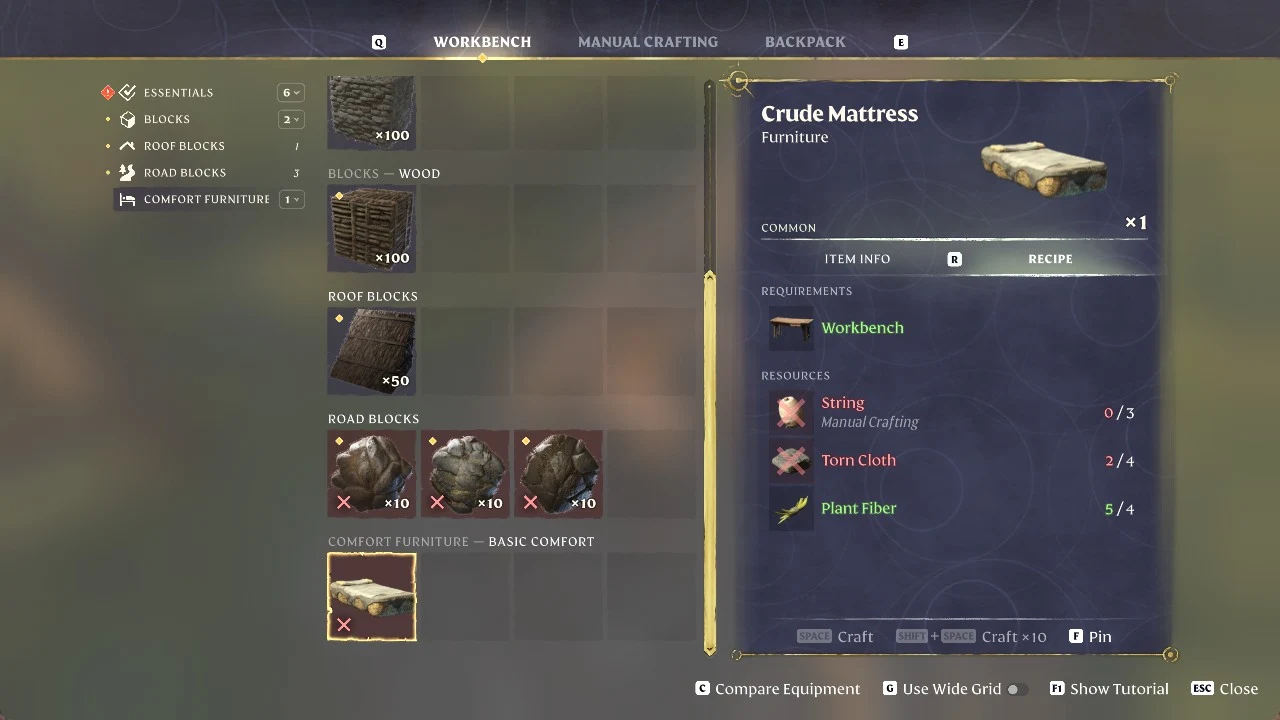 Enshrouded Workbench menu with the Crude Mattress recipe selected, listing Workbench requirement and String, Torn Cloth, Plant Fiber resources.