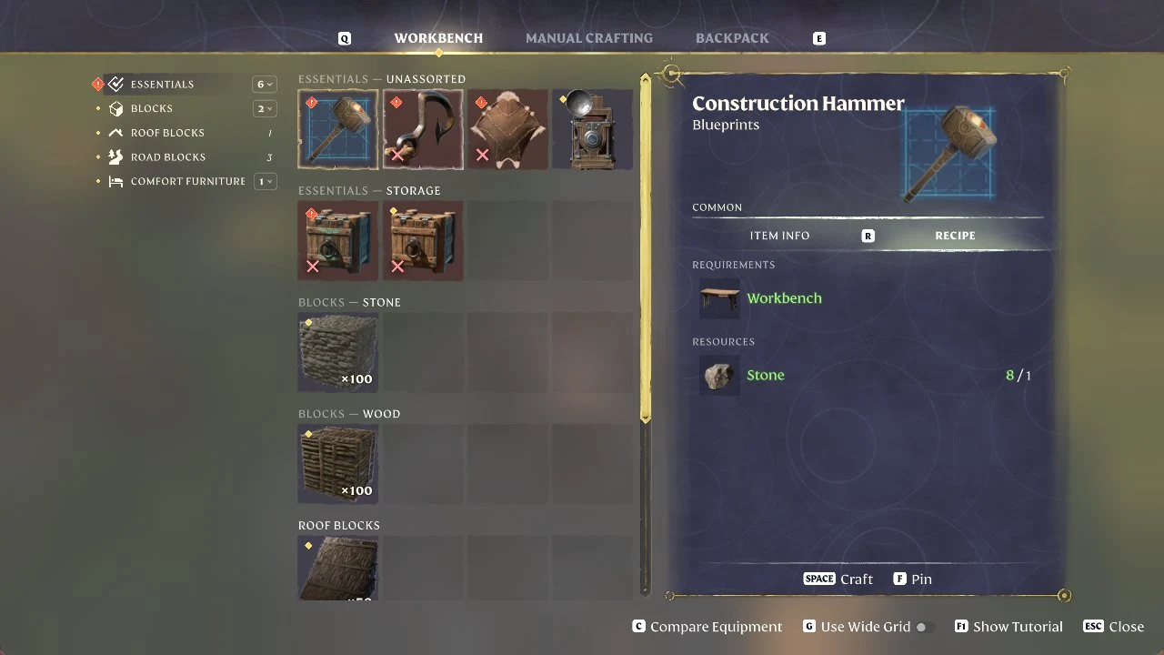 Enshrouded Workbench menu with Construction Hammer blueprint selected, showing a Workbench requirement and Stone 8/1 resource.
