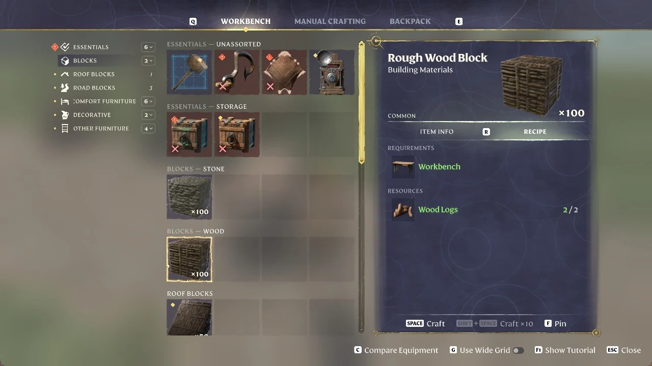 Workbench crafting menu with Rough Wood Block selected, showing a Workbench requirement and Wood Logs resource cost.