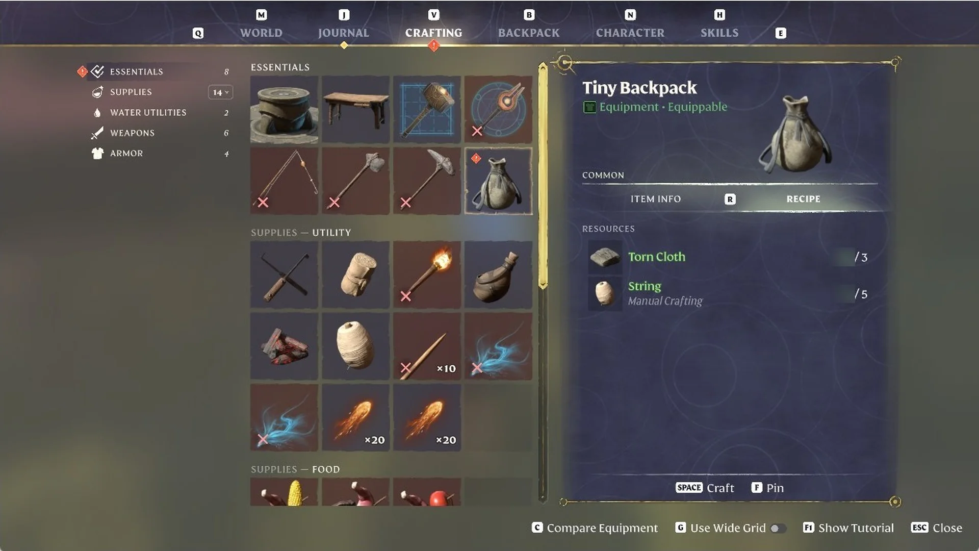 Enshrouded Tiny Backpack recipe card with the Craft button lit and ready after freeing a slot